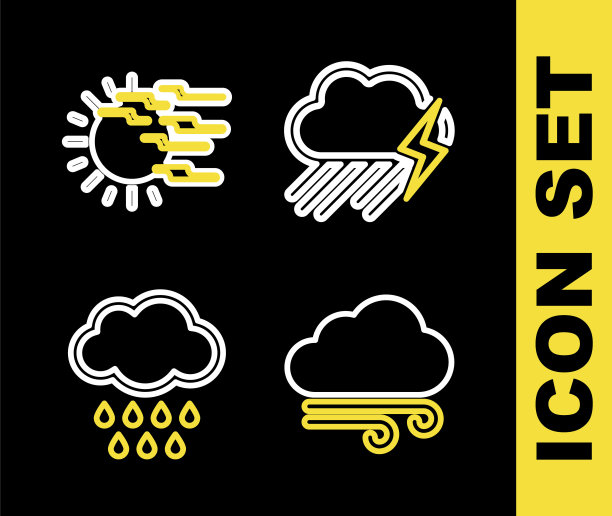 设置线云与雨和闪电，刮风的天气，和雾太阳图标。向量图片下载