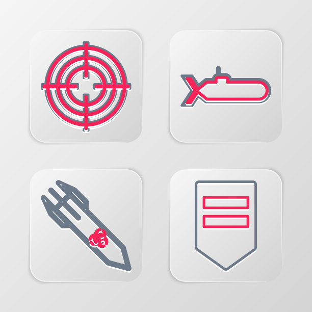 设置线雪佛龙，生物危害火箭，潜艇和目标运动图标。向量图片下载