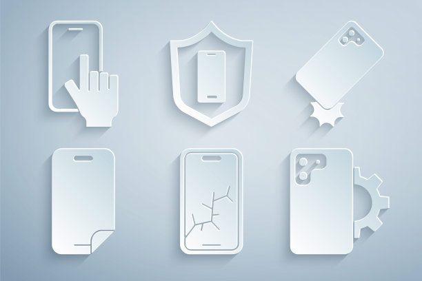 设置手机破碎屏幕，防震手机，玻璃保护器，手机维修服务，屏蔽和图标。向量图片下载