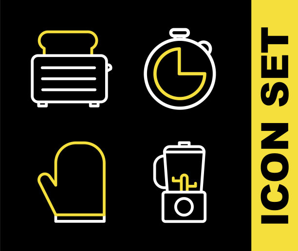 设置线厨房定时器，搅拌机，烤箱手套和烤面包机与烤面包图标。向量图片下载