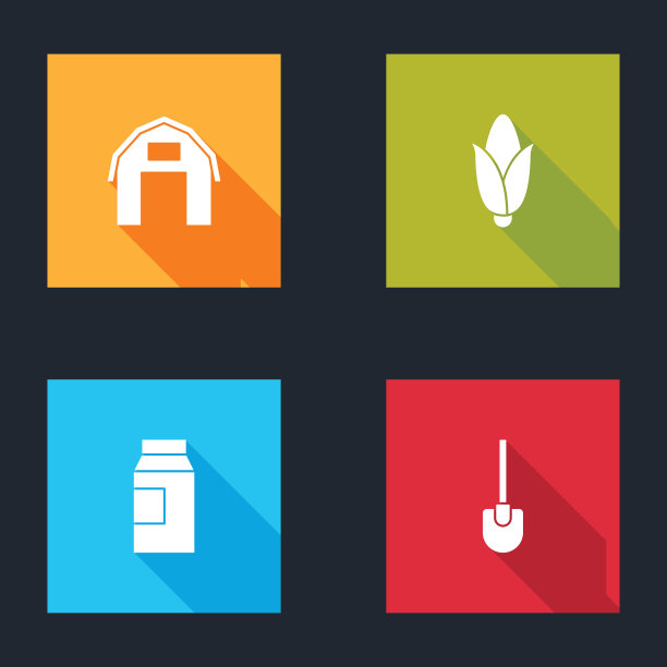 设置农场的房子，玉米，纸包装牛奶和铲子图标。向量图片下载
