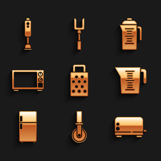 设置磨碎器，比萨刀，烤面包机，量杯，冰箱，微波炉，茶壶和搅拌机图标。向量图片下载