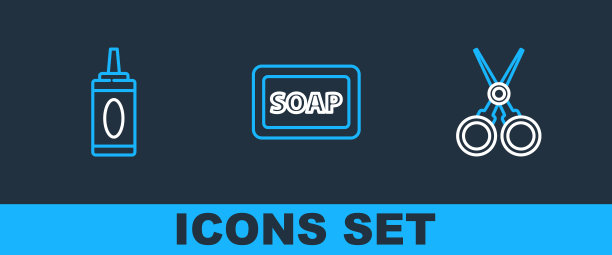 设置线剪刀理发师，瓶子洗发水和肥皂泡沫图标。向量图片下载