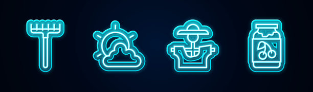 设置线花园耙，太阳和云的天气，稻草人和果酱罐。发光的霓虹灯图标。向量图片下载