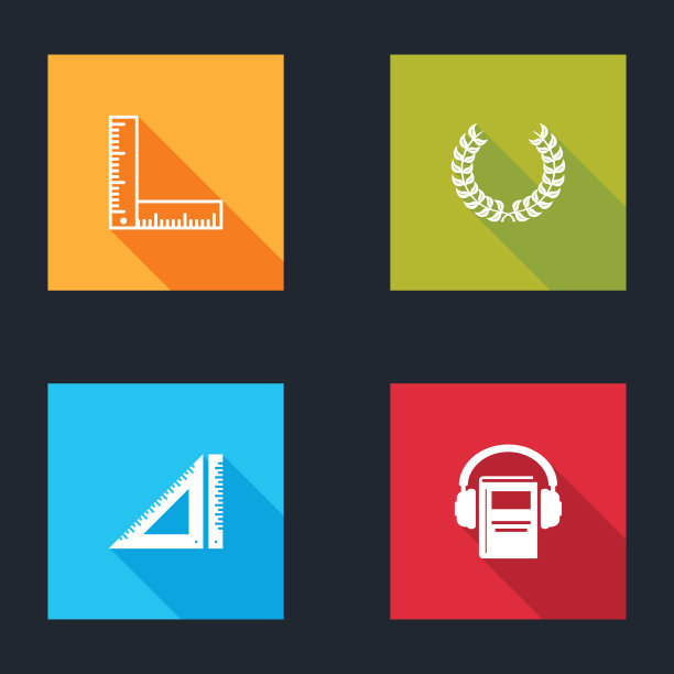 集折叠尺子，月桂花环，三角形和有声书图标。向量图片下载