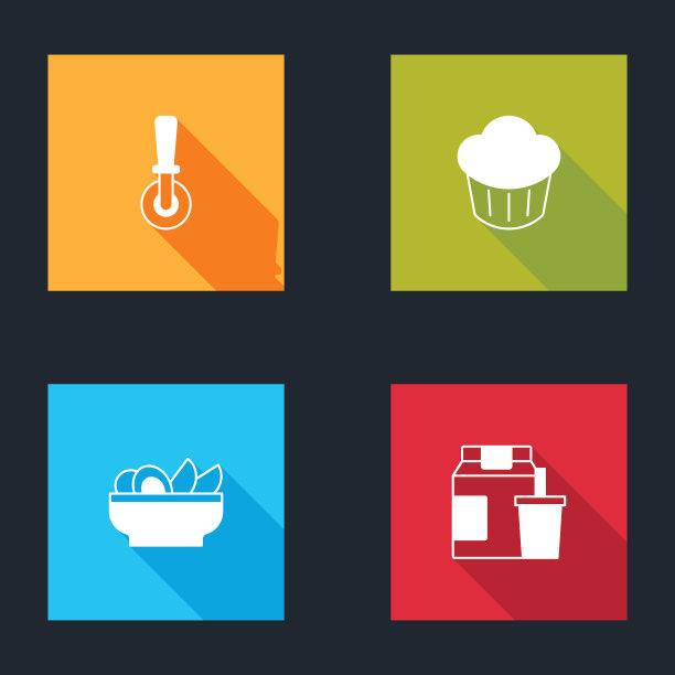 设置披萨刀，纸杯蛋糕，玉米片在盘子和在线订购和交付图标。向量图片下载