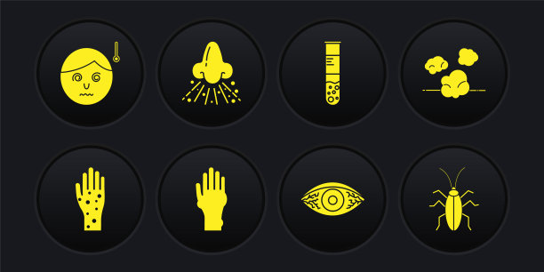 手上有牛皮癣或湿疹、灰尘、眼睛红肿、过敏性结膜炎、试管烧瓶、流鼻涕、蟑螂和体温高的图标。向量图片下载