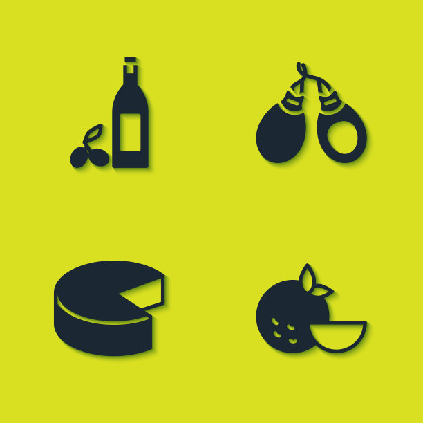 集瓶橄榄油，橙子水果，奶酪和响板图标。向量图片下载