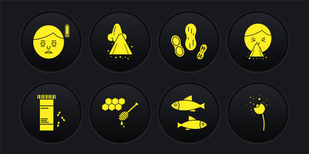 设置药瓶和药丸，手帕到他流鼻涕的鼻子，蜂窝与蜂蜜勺，鱼，花生，流，花产生花粉和疲劳图标。向量图片下载