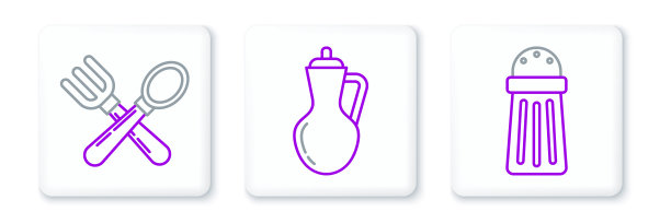 设置线盐，交叉叉和勺子和一瓶橄榄油图标。向量图片下载