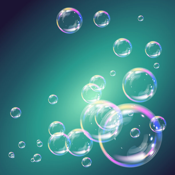 一套现实的肥皂泡在绿松石的背景图片下载