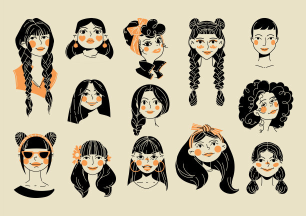 可爱的女孩的肖像与不同的发型和围巾蝴蝶结孤立的米色背景。纵向矢量平面插图图片下载