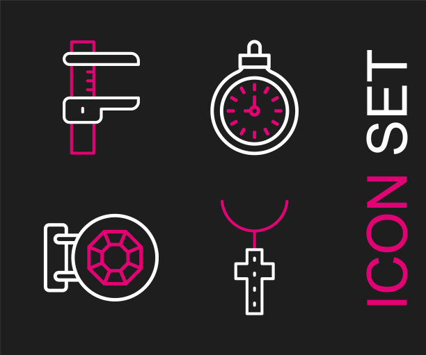 集线基督教十字架链，珠宝店，怀表和卡尺卡尺和规模图标。向量图片下载