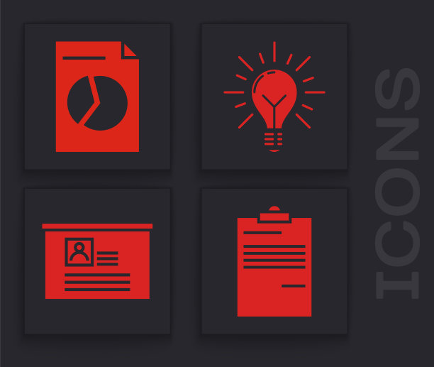 设置文件，文件与图表，灯泡与光线闪耀和概念的想法和董事会与简历图标。向量图片下载