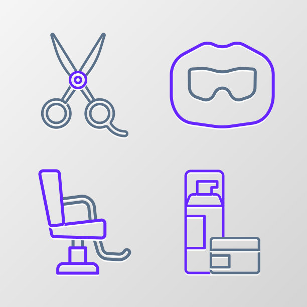 设线剃须啫喱泡沫，理发店的椅子，胡子和胡子和剪刀理发师的图标。向量图片下载