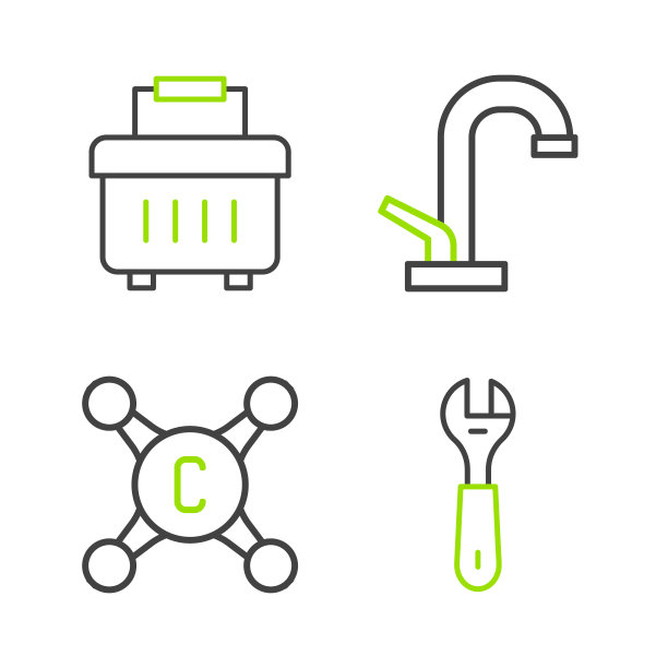 设置线扳手扳手、水龙头和工具箱图标。向量图片下载