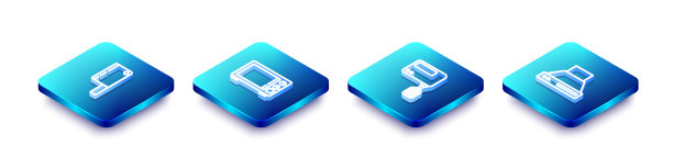 设定等距线肉斩，微波炉，电动搅拌机和厨房抽风机图标。向量图片下载