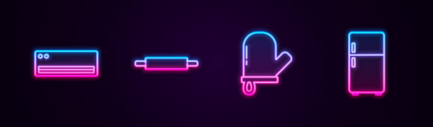 设置空调，擀面杖，烤箱手套和冰箱。发光的霓虹灯图标。向量图片下载