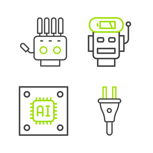 设置线电源插头，微电路处理器CPU，机器人低电量和机械机械手图标。向量图片下载