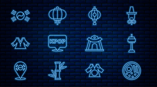 拉面、韩国首尔大厦、韩国灯笼、韩国流行音乐、和服、国旗、寺庙和偶像。向量图片下载