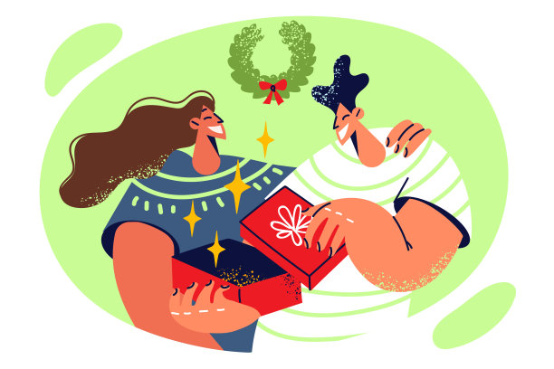 好奇的男人打开装有圣诞礼物的盒子，礼物来自站在儿子身后拥抱他的女孩或母亲图片下载