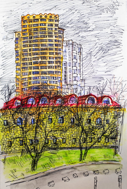 乌克兰首都基辅一座高层住宅楼的草图。城市景观。水彩插图图片下载