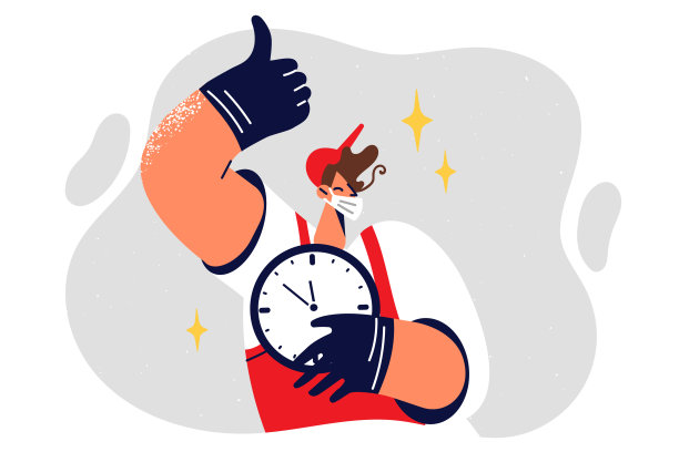 戴着医用口罩的工作人员手持时钟，竖起大拇指，表示同意实施封锁或隔离图片下载