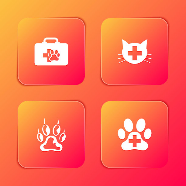 设置宠物急救箱，兽医诊所，爪印和图标。向量图片下载
