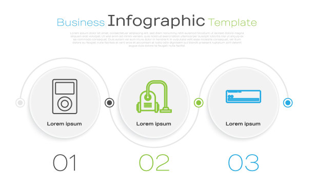设置音乐播放器，吸尘器和空调。业务信息图表模板。向量图片下载