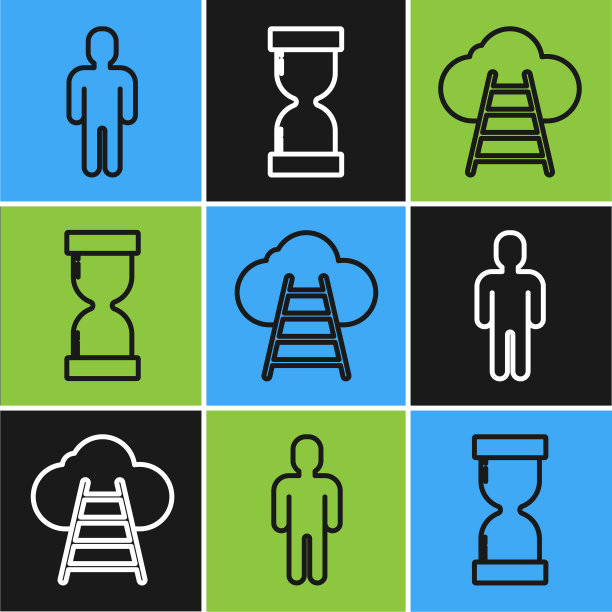 套装使用者，通向云梯和带有流沙图标的沙漏。向量图片下载