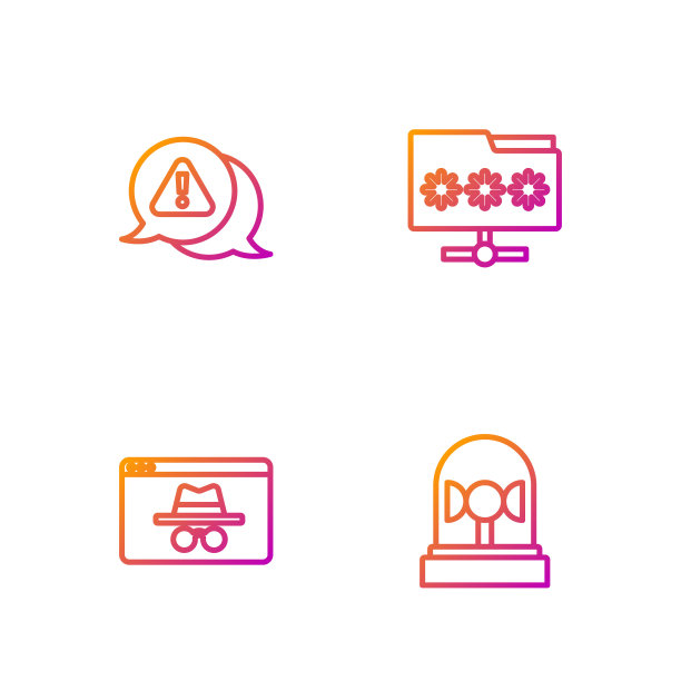 设置线闪光警报器，浏览器隐身窗口，感叹号三角形和文件夹密码。渐变颜色图标。向量图片下载