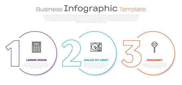 设置线计算器，黑胶播放器和棒棒糖。业务信息图表模板。向量图片下载