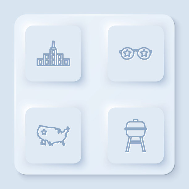 设有城市景观，带星星的眼镜，美国地图和烧烤架。白色方形按钮。向量图片下载
