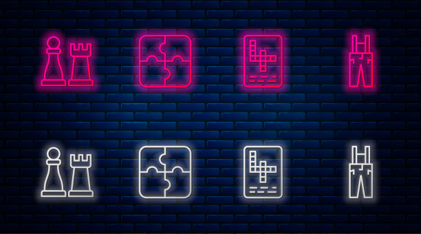设置线拼图片，填字游戏，国际象棋和裤子与吊带。砖墙上发光的霓虹灯图标。向量图片下载