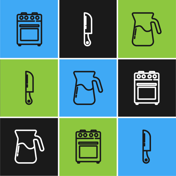 设置线烤箱，水壶玻璃与水和刀的图标。向量图片下载