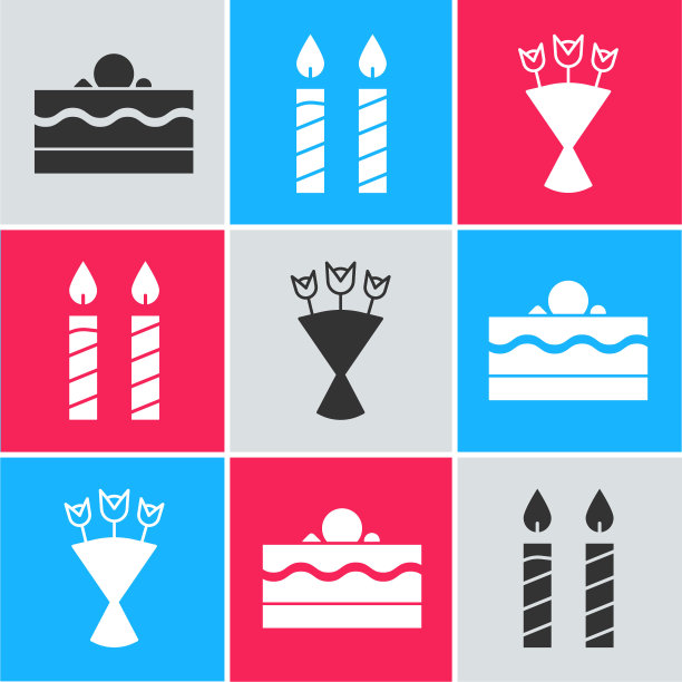 集蛋糕，生日蛋糕蜡烛和花束图标。向量图片下载