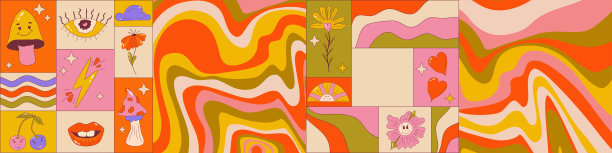 梦幻般的图形海报集复古groovy波。海报广场，唇，花，心和波浪。迷幻时髦的70年代图形。卡通矢量插图图片下载