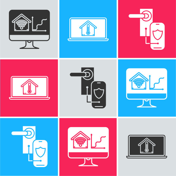 设置带有wi-fi智能家居的电脑显示器，带有室内温度的笔记本电脑和带有锁图标无线技术的数字门锁。向量图片下载