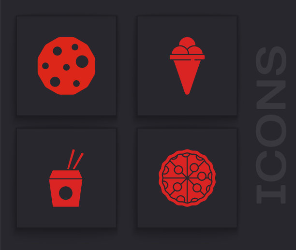 集披萨，饼干或饼干，冰淇淋在华夫蛋筒和亚洲面条和筷子图标。向量图片下载