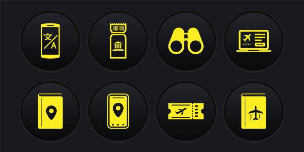 集封面书旅游指南，笔记本电脑与票，信息图的城市地图，航空公司，双筒望远镜，博物馆，和在线翻译图标。向量图片下载