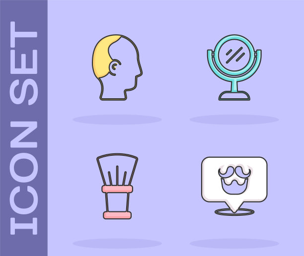 设置理发店，秃顶，剃须刷和手镜图标。向量图片下载