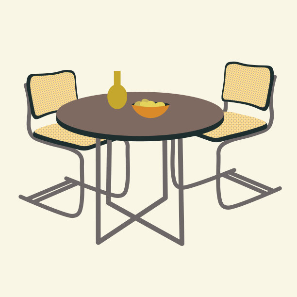的内部。餐桌和两把现代藤椅，餐厅。手绘矢量隔离插图。家居装饰，复古风格的公寓，室内构图，舒适的概念，生活方式。图片下载