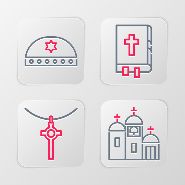 设置线教堂建筑，基督教十字架链，圣经书和犹太基帕与大卫之星图标。向量图片下载