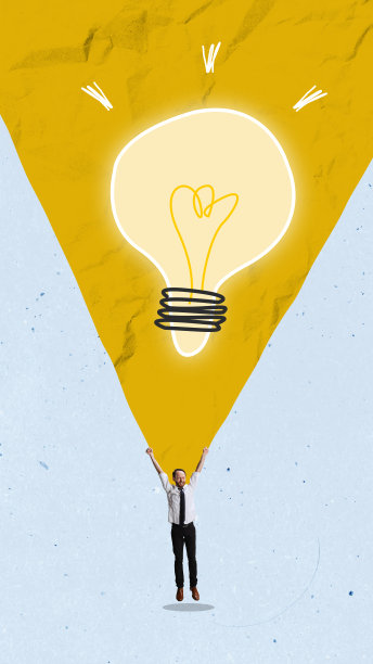 穿着正装的快乐男人，头顶电灯泡的上班族在成功中跳跃。有益的想法和头脑风暴。当代艺术拼贴。图片下载