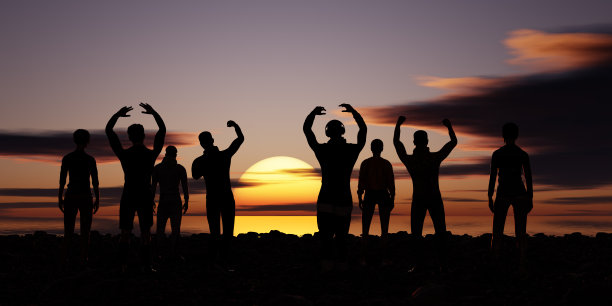 年轻人在日落时在海滩上欢呼的剪影- 3D插图图片下载