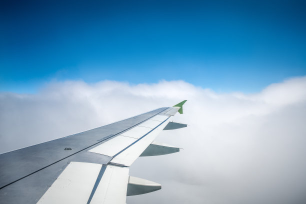 飞机在白云和晴朗的蓝天上飞翔图片下载