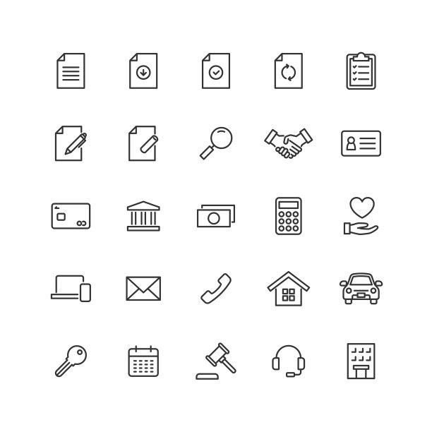 与合同相关的线条绘制图标集。图片下载