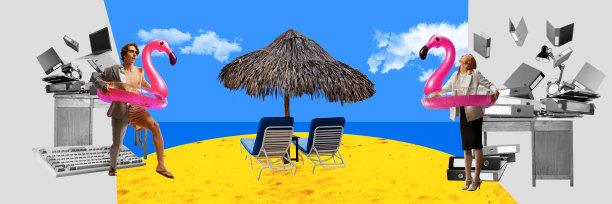 男男女女，员工们站在游泳圈里，梦想着在热带的海滩上度过暑假。当代艺术拼贴。图片下载