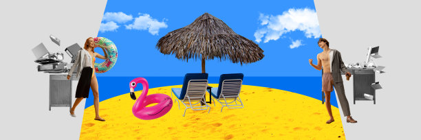 男人和女人，雇员，办公室职员在海边寻找暑假。当代艺术拼贴。图片下载
