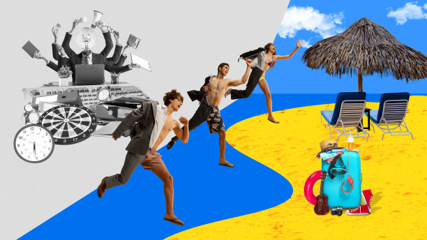 积极的员工，办公室职员从办公室跑到海边的海滩度假。当代艺术拼贴。图片下载